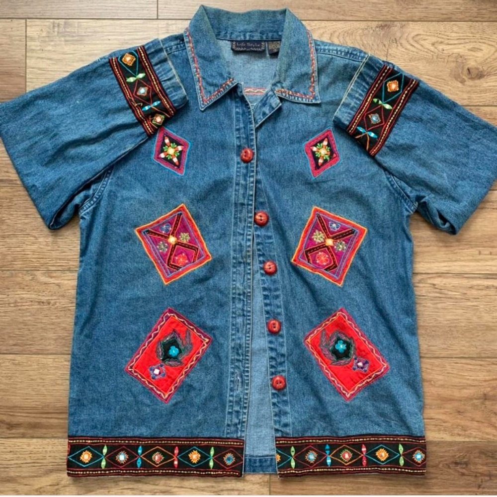 Blue and Red Jean Jacket with Southwestern Embellishments